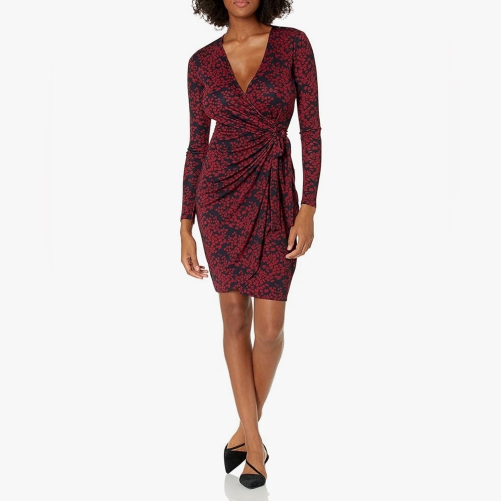 Lark & Ro women’s classic long sleeve Matte jersey dress, navy/burgundy